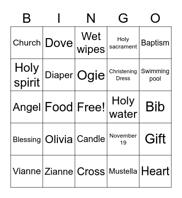 Ollie's Christening Bingo Card