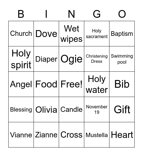 Ollie's Christening Bingo Card