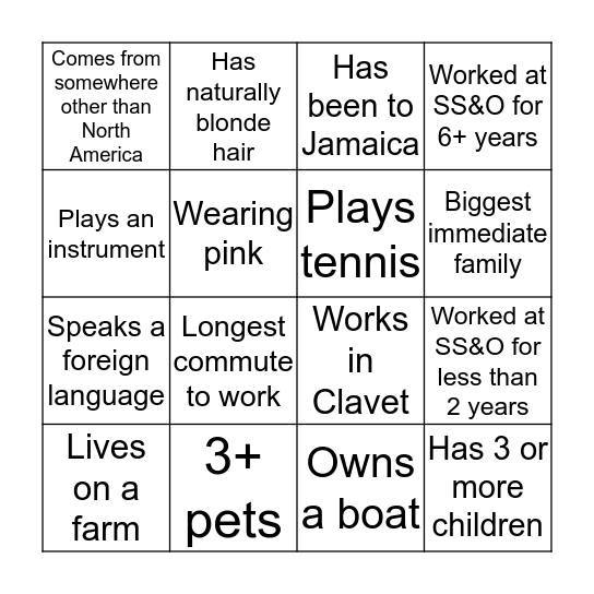 Getting to Know SS&O Bingo Card