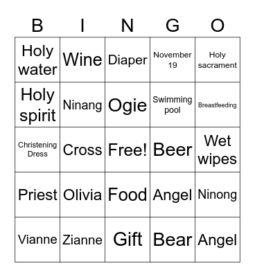Ollie's Christening Bingo Card