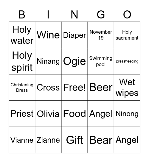 Ollie's Christening Bingo Card