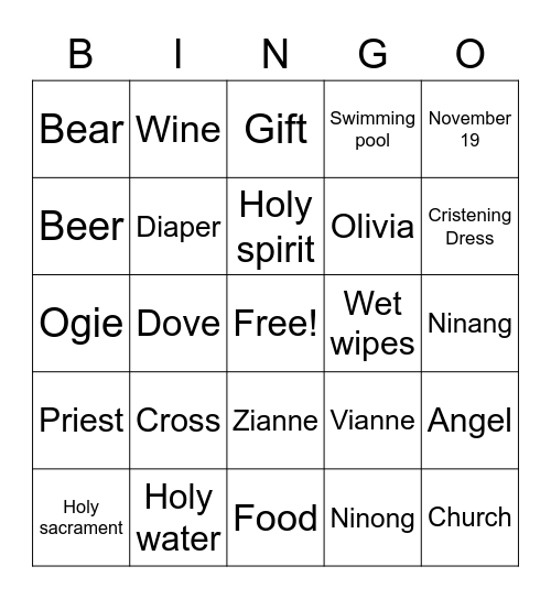 Ollie's Christening Bingo Card