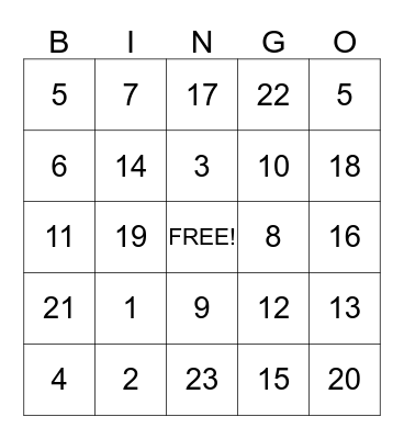 Number Bingo Card