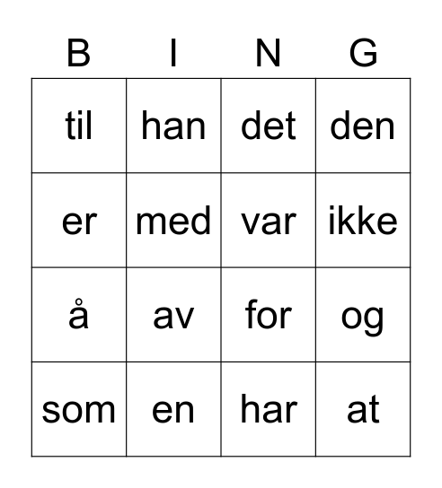 Vanlige ord 1-20 Bingo Card