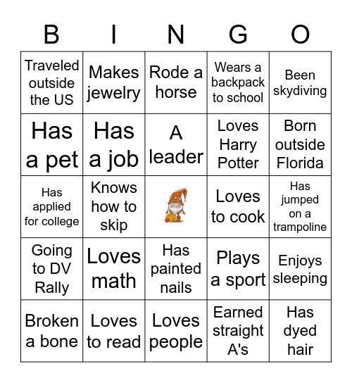 Getting to Gnome You Bingo Card