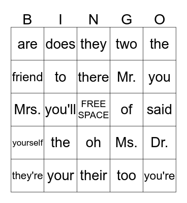 Irregular Word Bingo Card