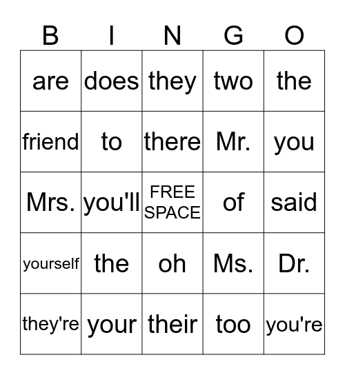 Irregular Word Bingo Card