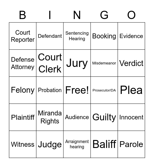 Court Procedures Bingo Card