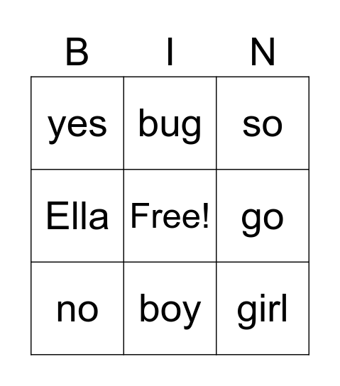Ella's Bingo Card