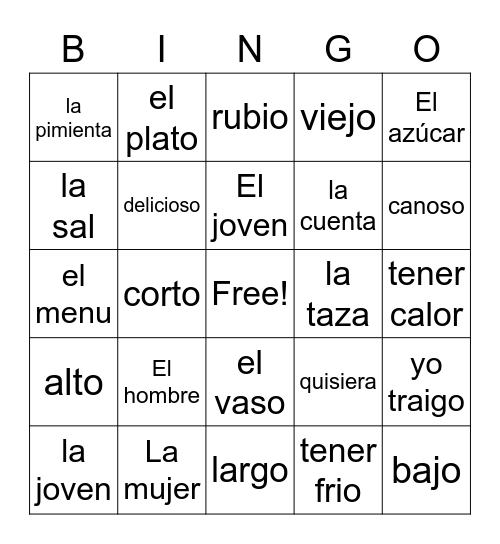 spanish vocab Bingo Card