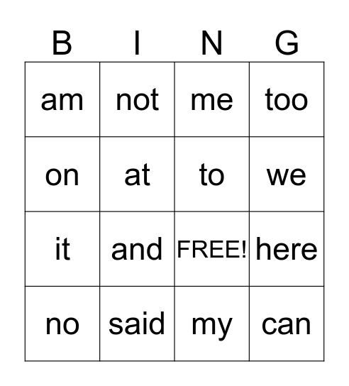 Sight Word Bingo Card