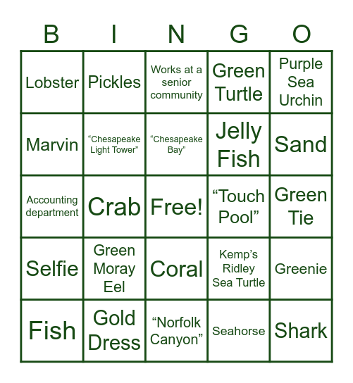 Aquarium Photo Scavenger Hunt Bingo Card