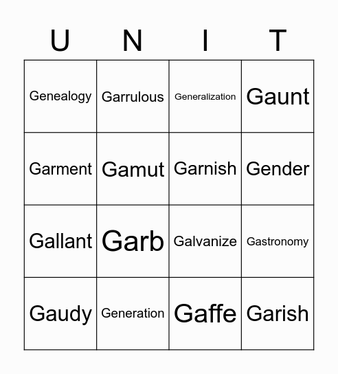 Unit 7 Vocab Words Bingo Card