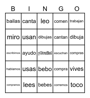 AR, ER, IR Verbs Bingo Card