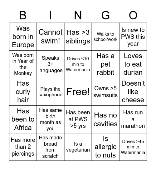 Find new friends at PWS! Bingo Card