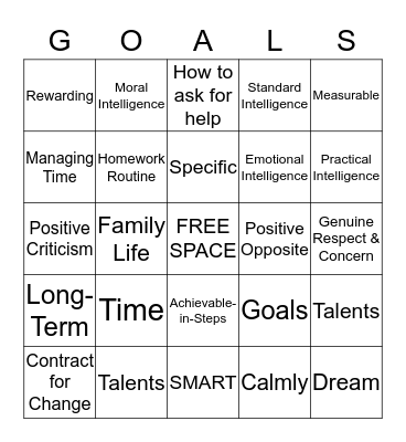 Dream Big>Set Goals>Take  Bingo Card