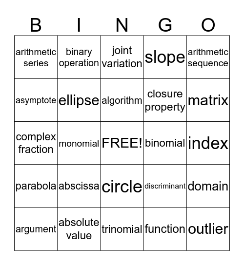 Algebra Bingo Card