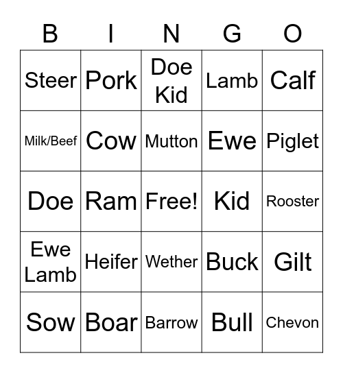 Livestock Terminology Bingo Card