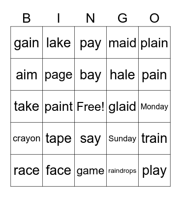 phonics   ai/  ay / a_e Bingo Card