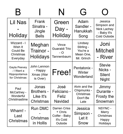 Holiday Music Video Bingo Card