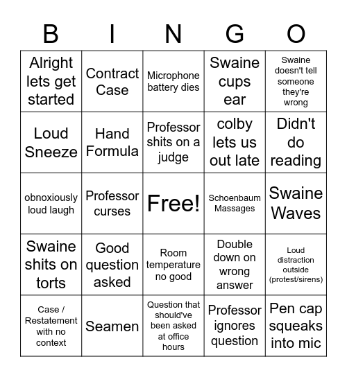 Thursday Bingo Card