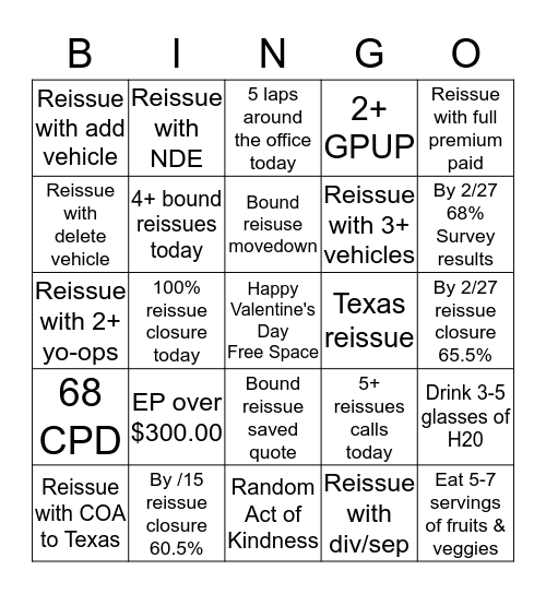 February Bingo Challenge Bingo Card