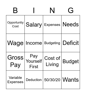 Budget Vocabulary Bingo Card