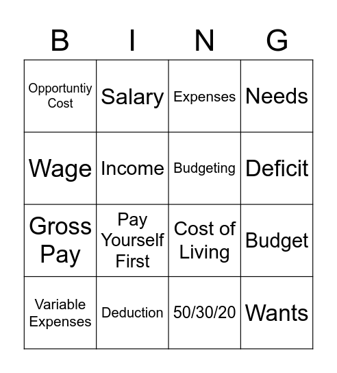 Budget Vocabulary Bingo Card
