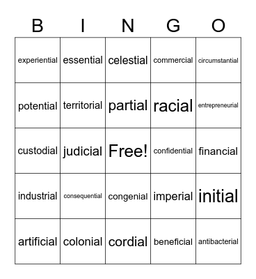 -tial and -cial suffix Bingo Card