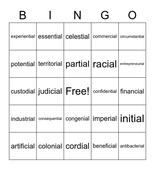 -tial and -cial suffix Bingo Card