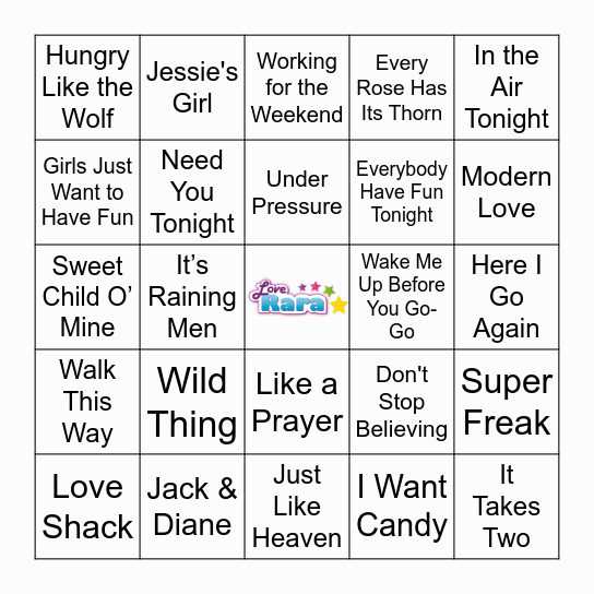 80's Hits Music Bingo Card