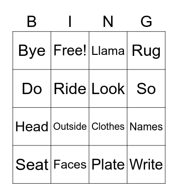 Rhyming Words Bingo Card