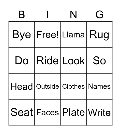 Rhyming Words Bingo Card