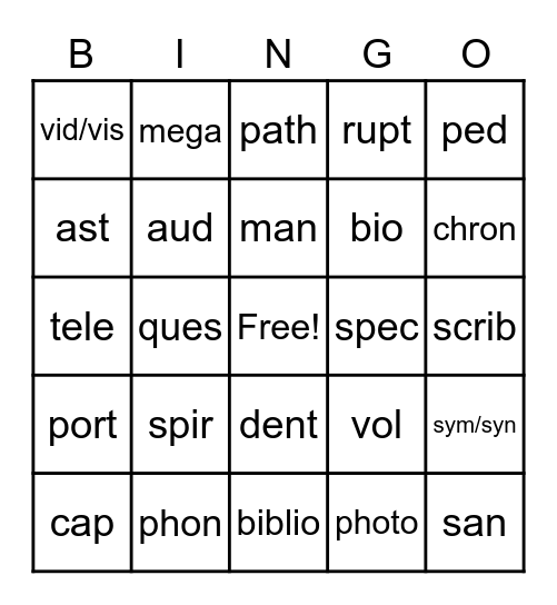 Black Level Greek & Latin Roots BINGO Card