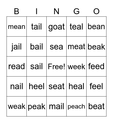 Double Vowels Bingo Card