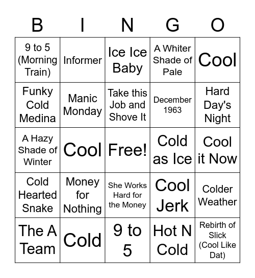 Winter Music Bingo Card