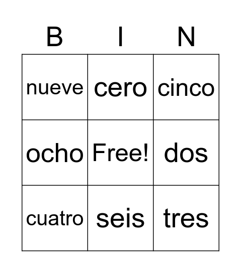 Spanish numbers 0-10 Bingo Card