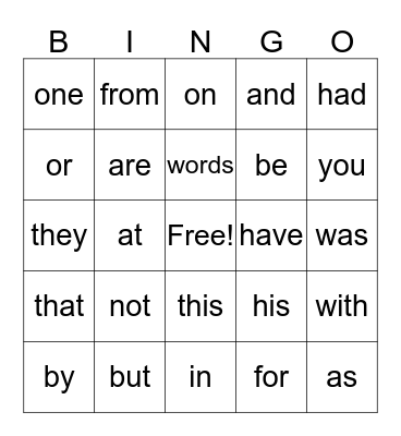 Sight Words 1 - 32 Bingo Card