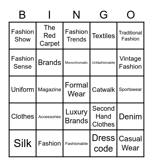 World of Fashion Bingo Card