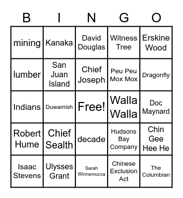 Early Washington State Bingo Card