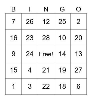 ASL Numbers Bingo Card