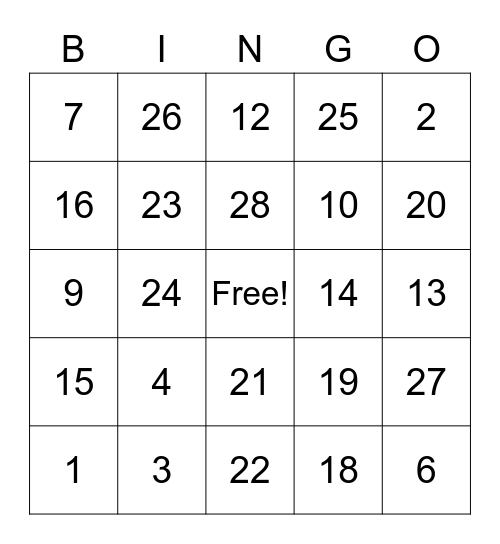 ASL Numbers Bingo Card