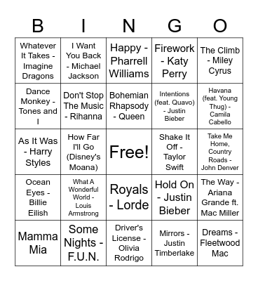 Musical Bingo 1 Bingo Card