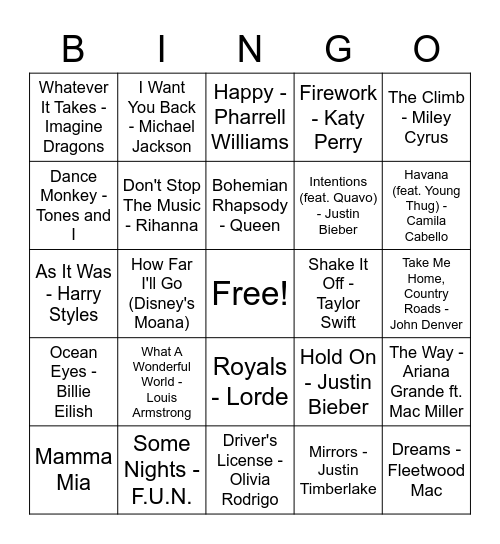 Musical Bingo 1 Bingo Card