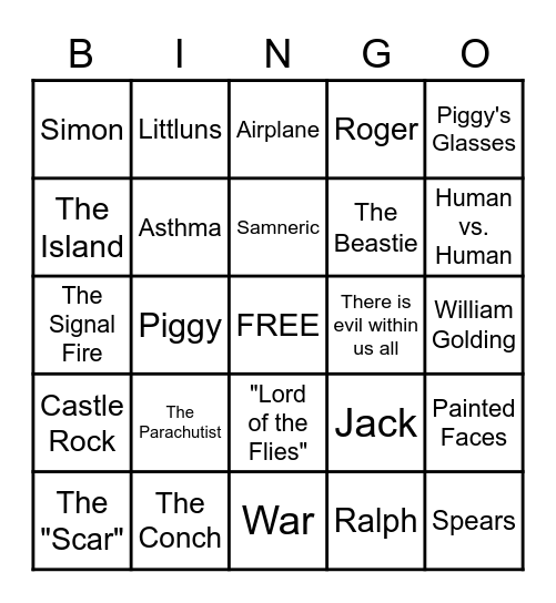 Lord of the Flies Bingo Card