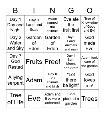 Creation Bingo Card