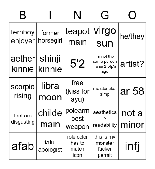 ayu simp bingo Card