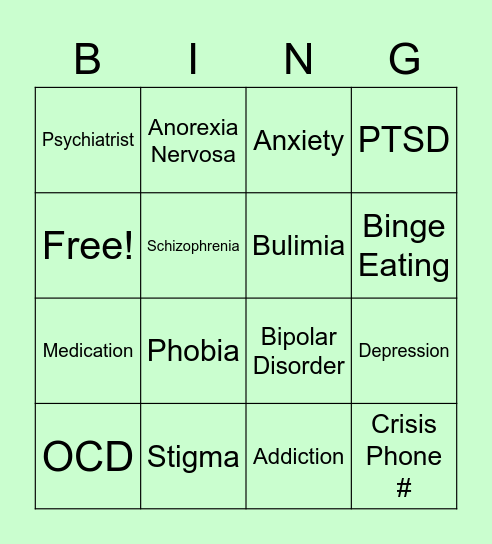 Mental Health Bingo Card