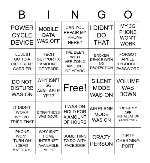 VERIZON BINGO Card