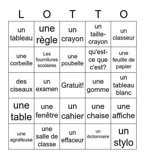 French Classroom Objets Bingo Card